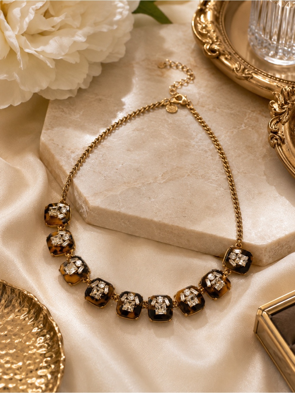J. Crew Necklace, Tortoise Shell and Rhinestones with Gold Tone Chain - Vintage